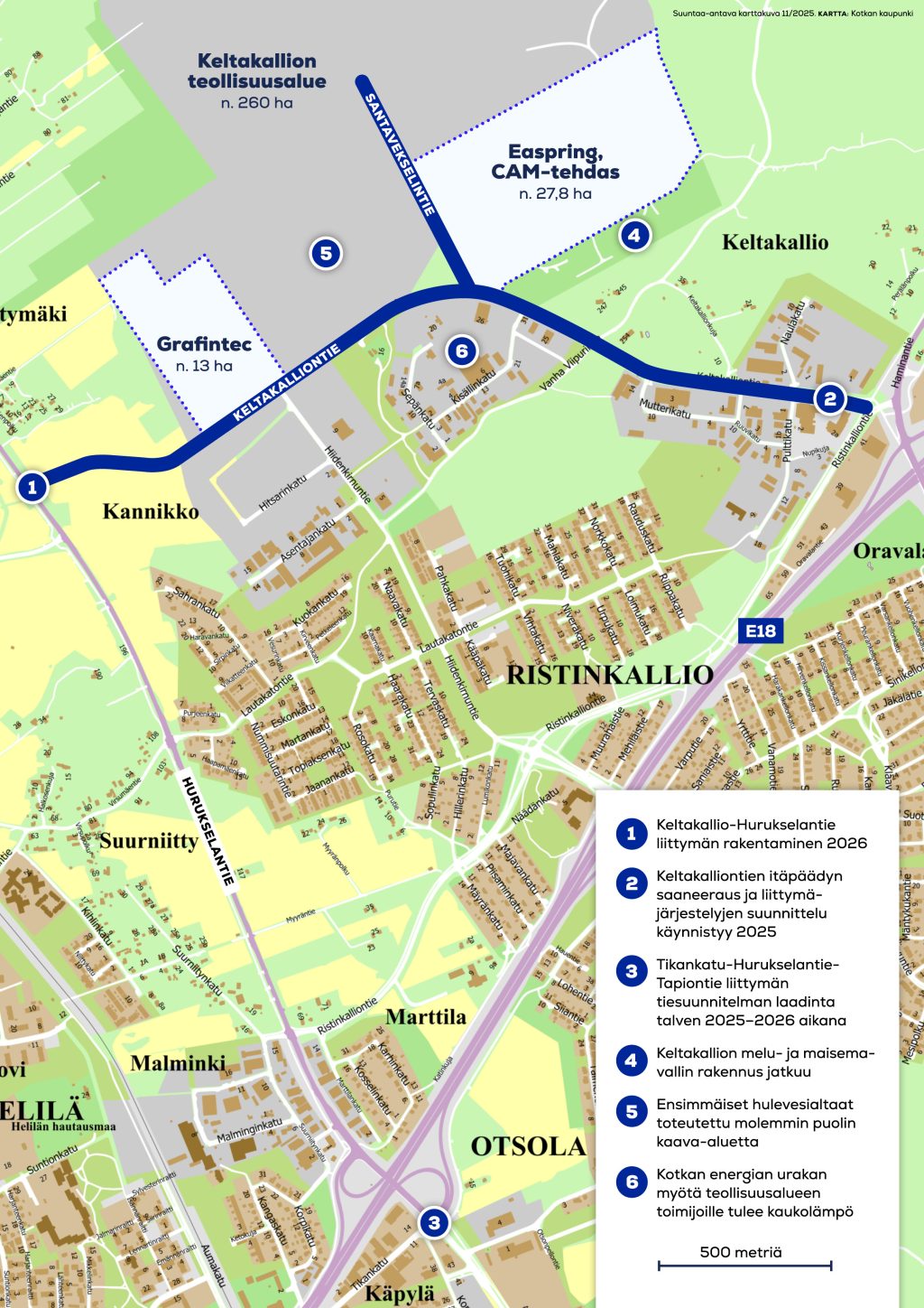 Map of the Keltakallio industrial estate, showing future construction projects in Finnish